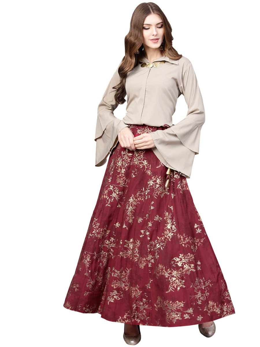 Ahalyaa Indowestern Beige & Maroon Shirt With Skirt Set