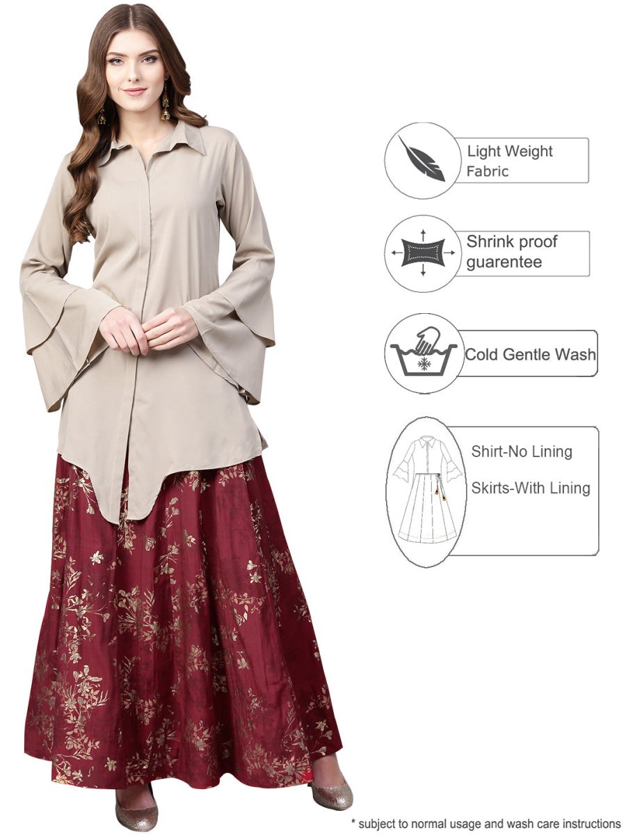 Ahalyaa Indowestern Beige & Maroon Shirt With Skirt Set