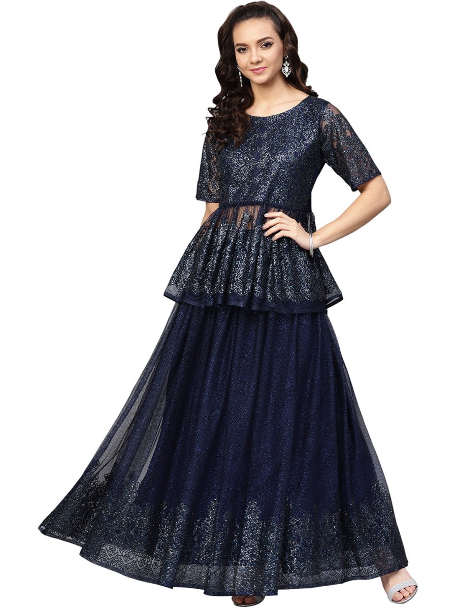 Ahalyaa Navy Blue Peplum Net Indowestern Set