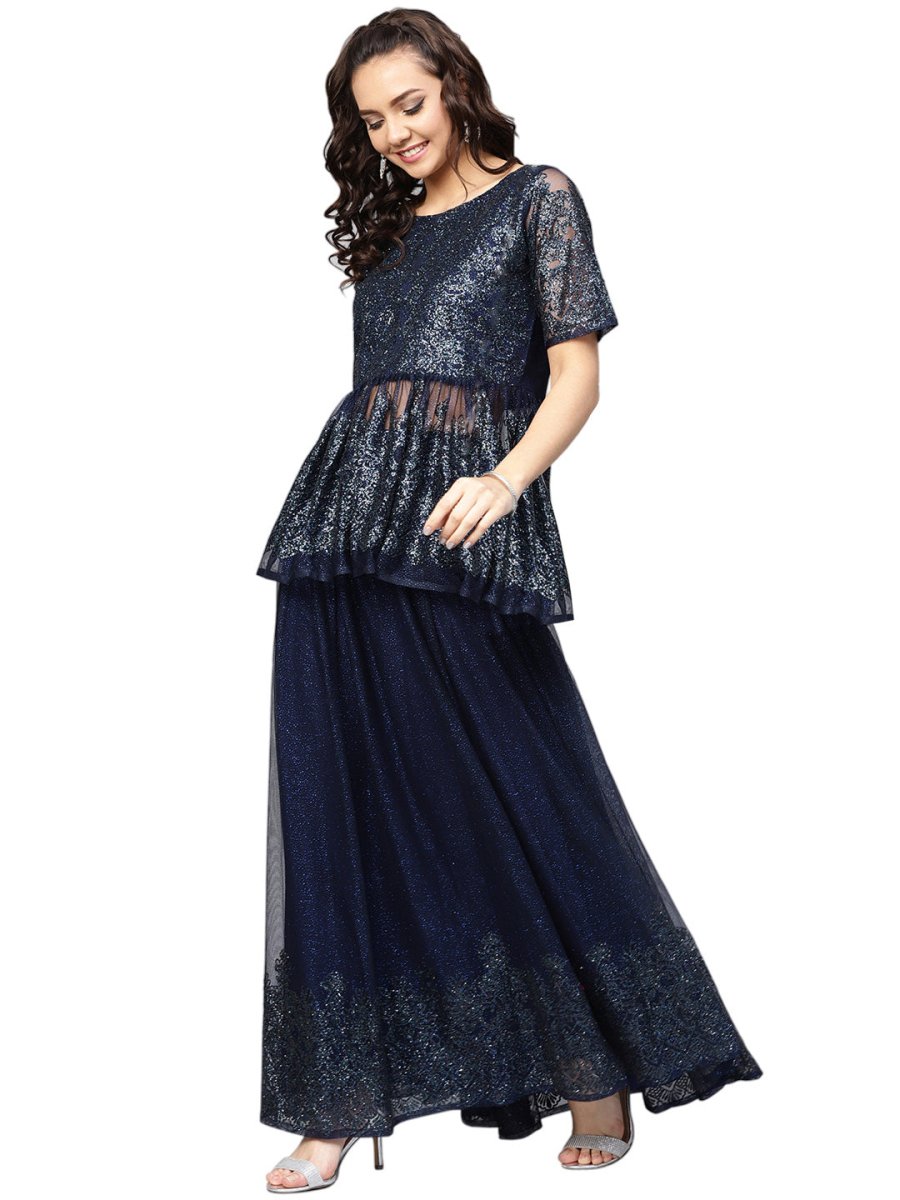 Ahalyaa Navy Blue Peplum Net Indowestern Set
