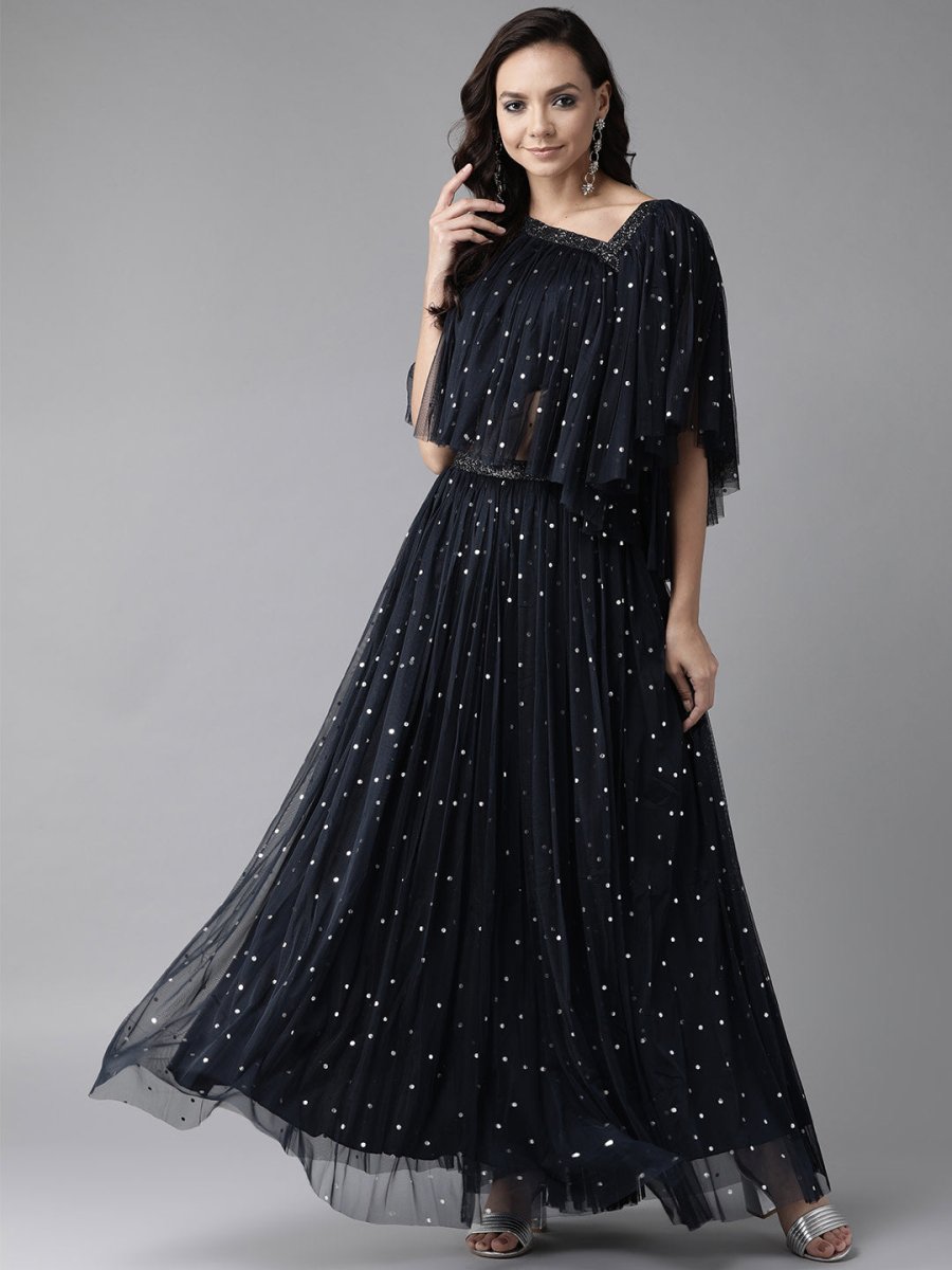 Ahalyaa Women Navy Blue & Silver Foil Print Layered Top with Skirt