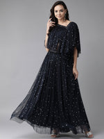 Thumbnail for Ahalyaa Women Navy Blue & Silver Foil Print Layered Top with Skirt