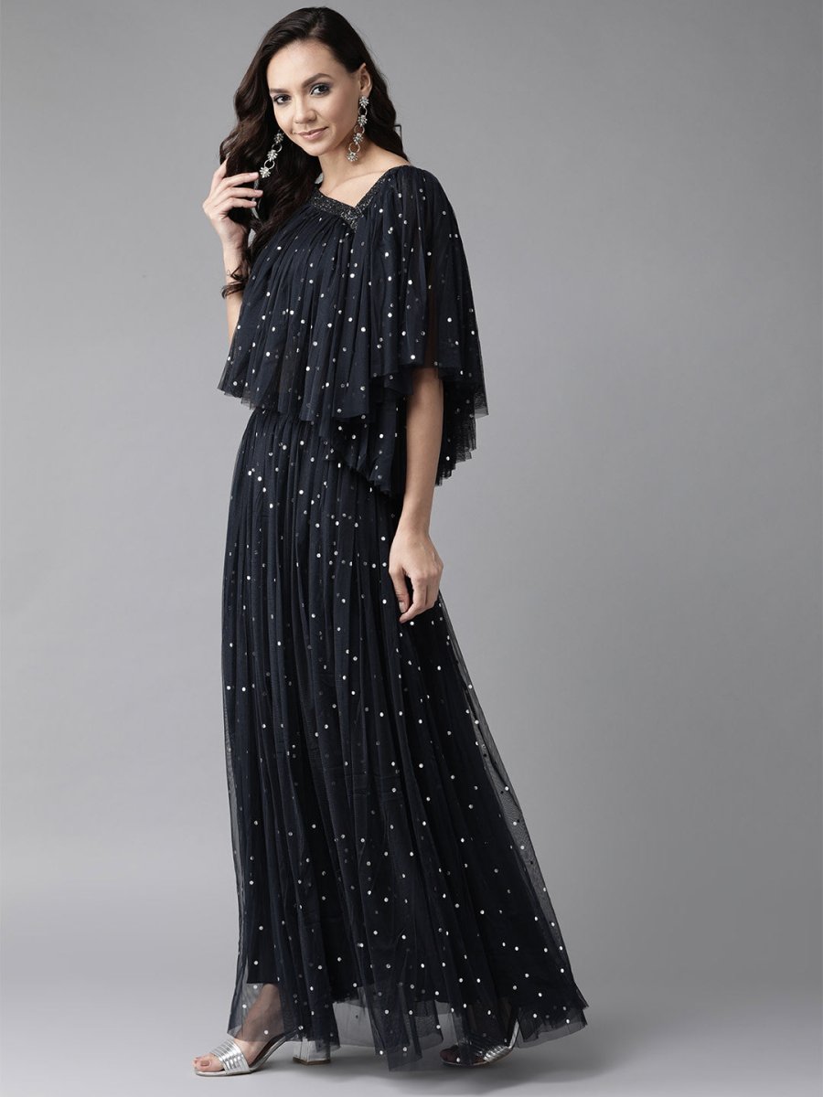 Ahalyaa Women Navy Blue & Silver Foil Print Layered Top with Skirt