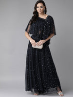 Thumbnail for Ahalyaa Women Navy Blue & Silver Foil Print Layered Top with Skirt