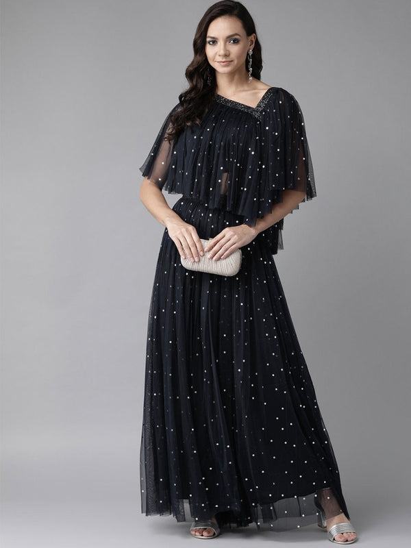 Ahalyaa Women Navy Blue & Silver Foil Print Layered Top with Skirt
