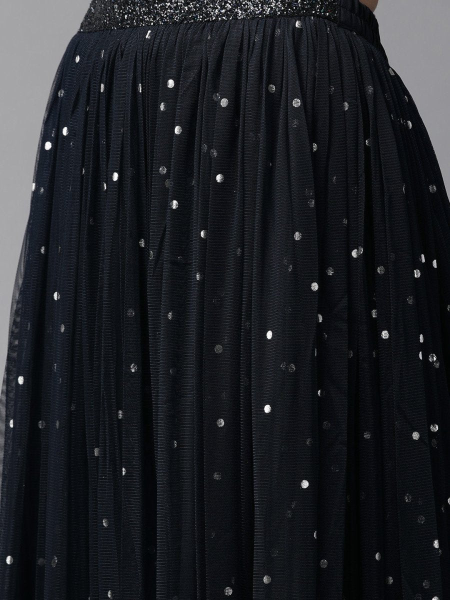 Ahalyaa Women Navy Blue & Silver Foil Print Layered Top with Skirt