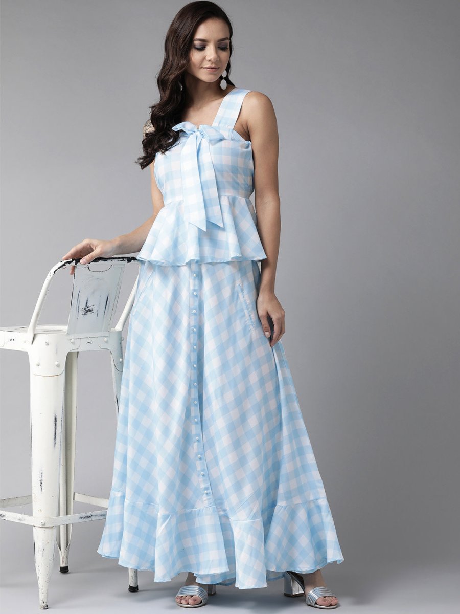 Ahalyaa Women Blue & White Checked Peplum Top with Skirt