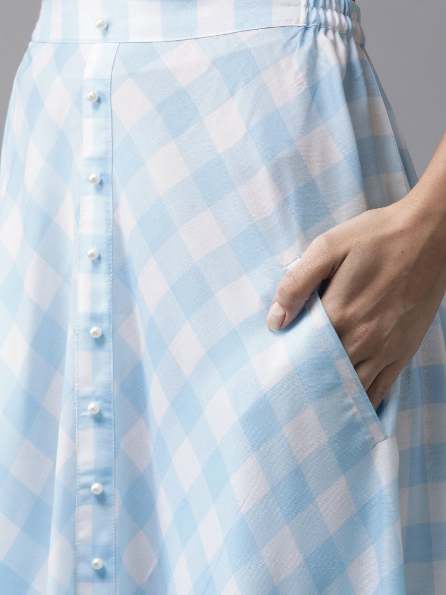 Ahalyaa Women Blue & White Checked Peplum Top with Skirt