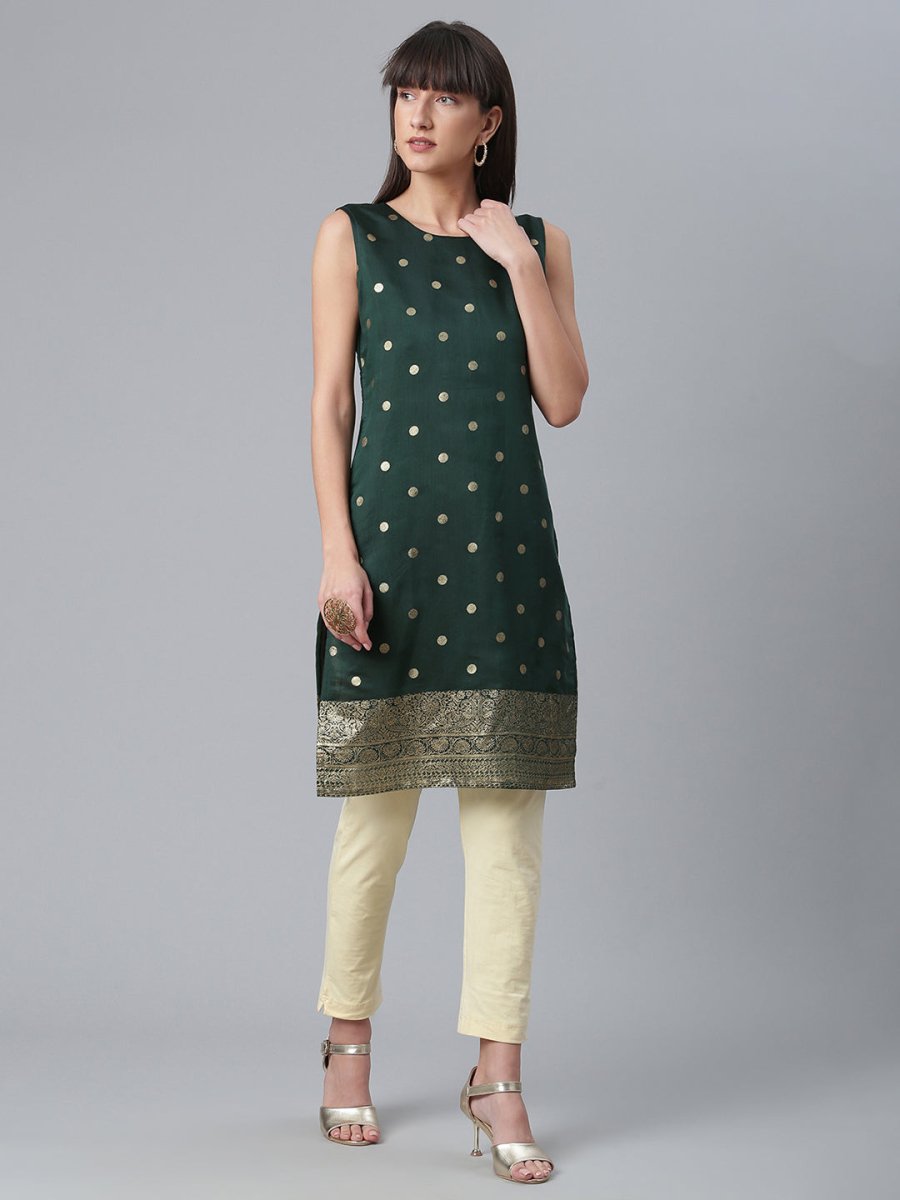 Ahalyaa Chanderi Dark Green Foil Gold Printed Kurti