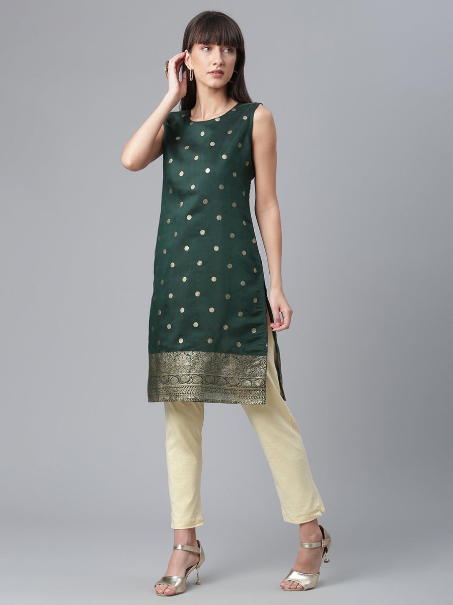 Ahalyaa Chanderi Dark Green Foil Gold Printed Kurti