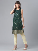 Thumbnail for Ahalyaa Chanderi Dark Green Foil Gold Printed Kurti