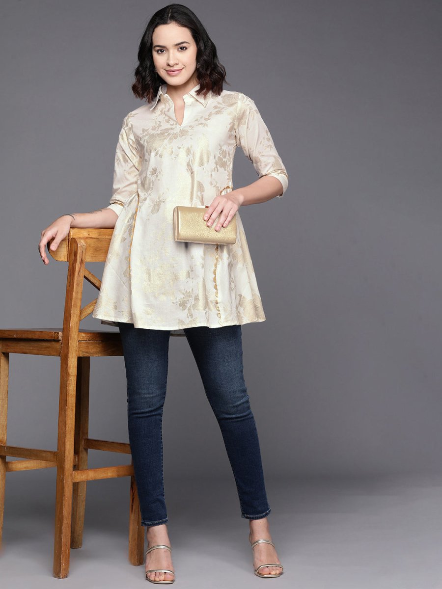 Ahalyaa Floral Printed Shirt Collar Cotton Tunic With Lace Inserts Detail - Distacart