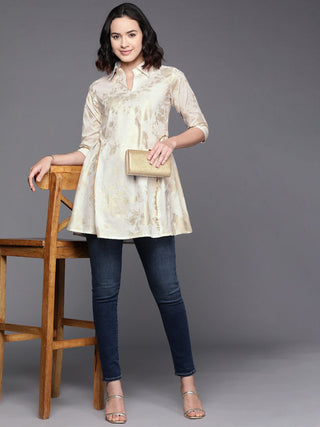 Ahalyaa Floral Printed Shirt Collar Cotton Tunic With Lace Inserts Detail - Distacart