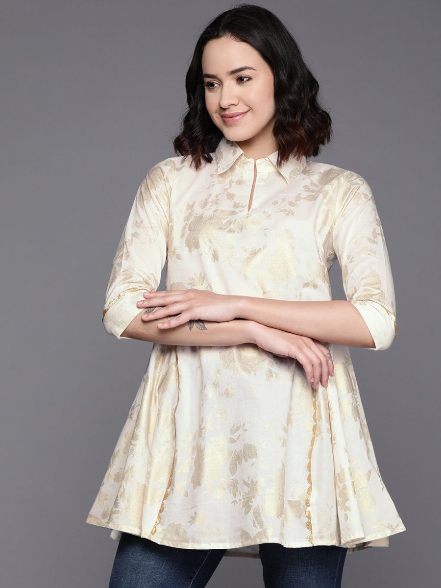 Ahalyaa Floral Printed Shirt Collar Cotton Tunic With Lace Inserts Detail - Distacart