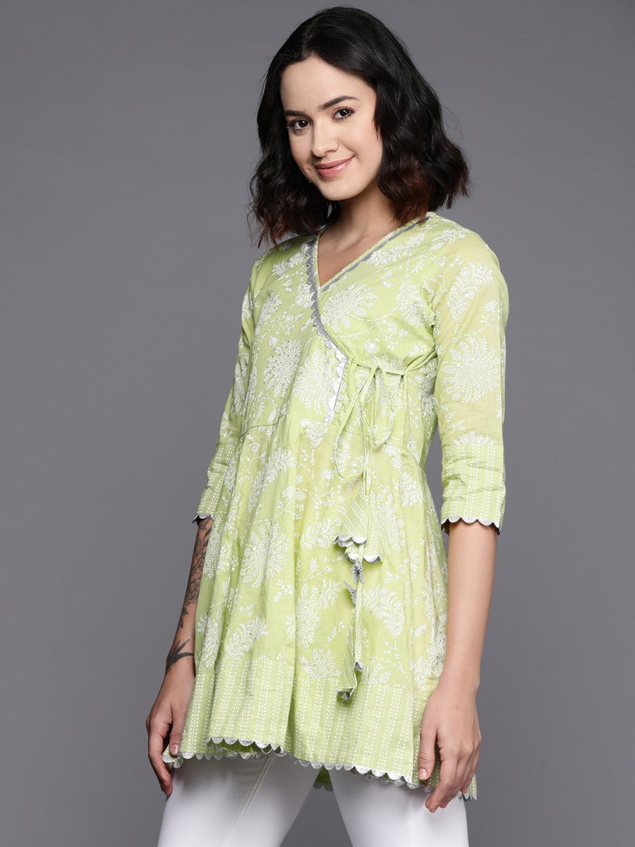 Ahalyaa Floral Printed Cotton Tunic With Lace Inserts Detail - Distacart