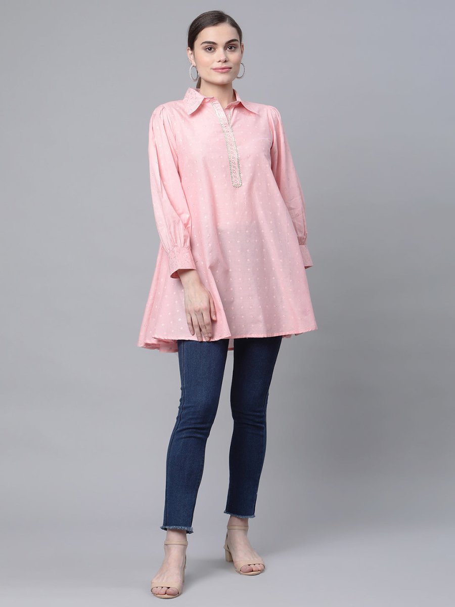 Ahalyaa Women Baby Pink Pure Cotton Printed Tunic