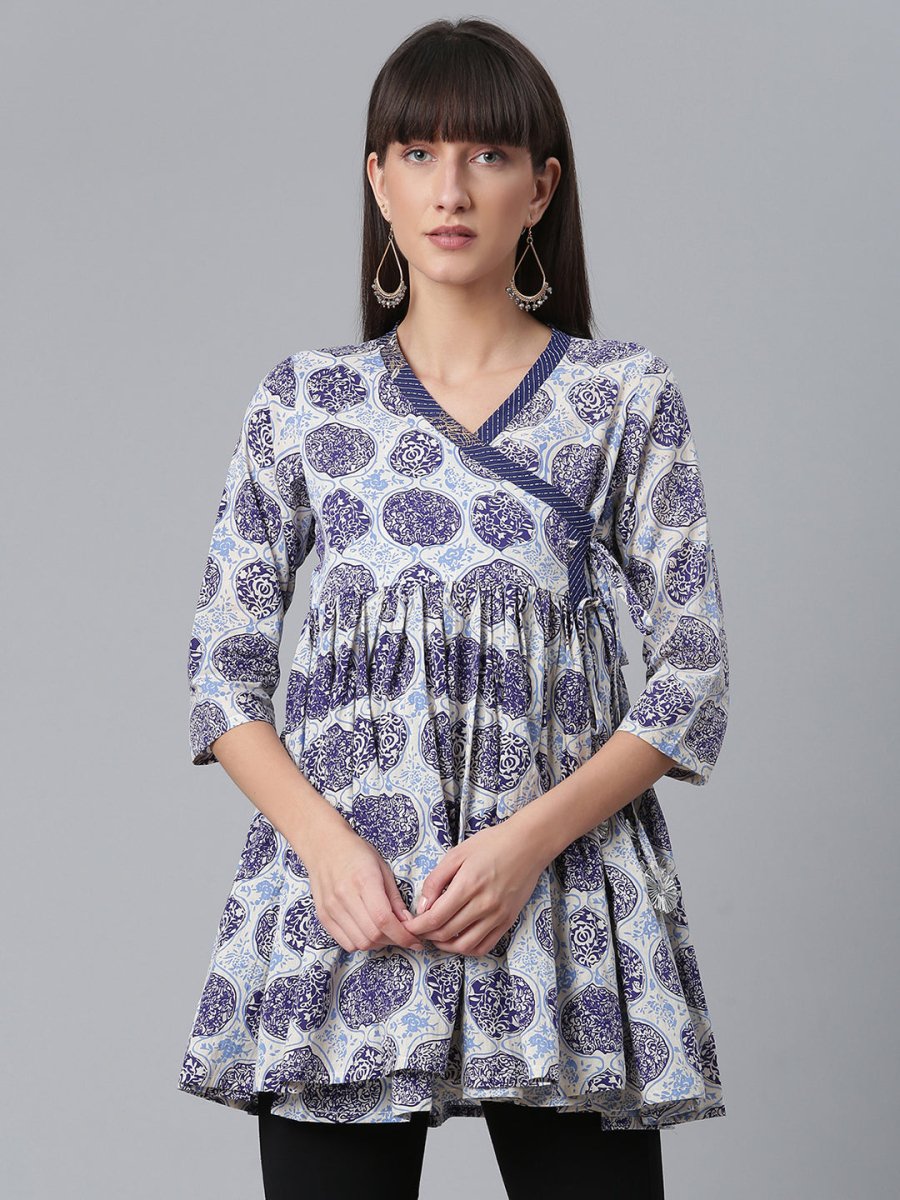 Ahalyaa Women Blue & Off-White Printed Angrakha Beautiful Tunic