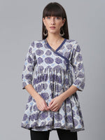 Thumbnail for Ahalyaa Women Blue & Off-White Printed Angrakha Beautiful Tunic