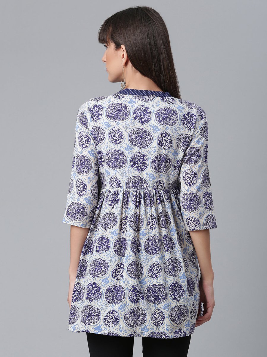 Ahalyaa Women Blue & Off-White Printed Angrakha Beautiful Tunic