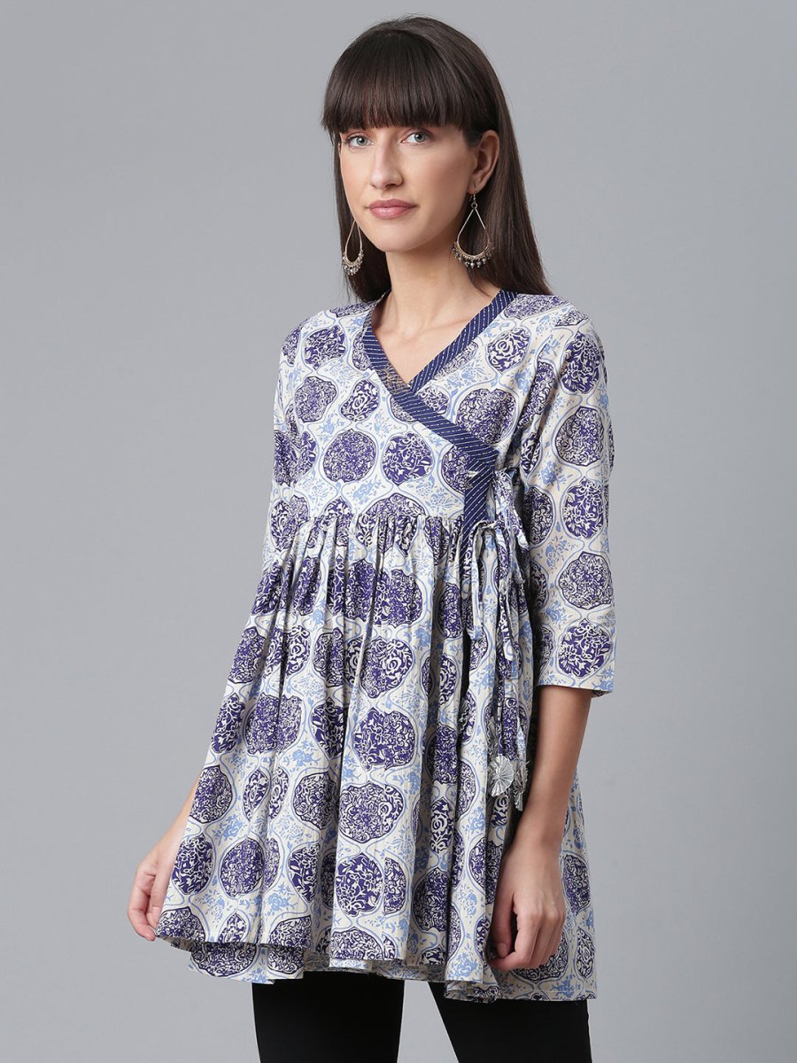 Ahalyaa Women Blue & Off-White Printed Angrakha Beautiful Tunic