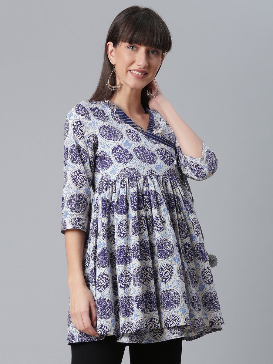 Ahalyaa Women Blue & Off-White Printed Angrakha Beautiful Tunic