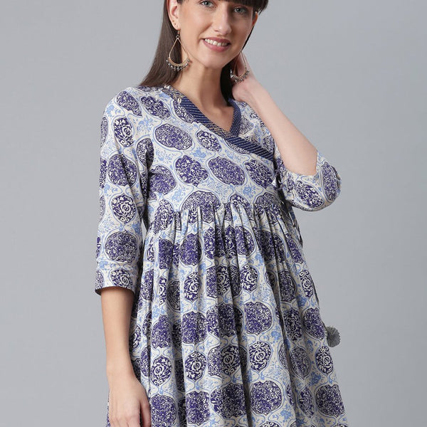 Ahalyaa Women Blue & Off-White Printed Angrakha Beautiful Tunic