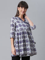 Thumbnail for Ahalyaa Women Blue & Off-White Printed Angrakha Beautiful Tunic