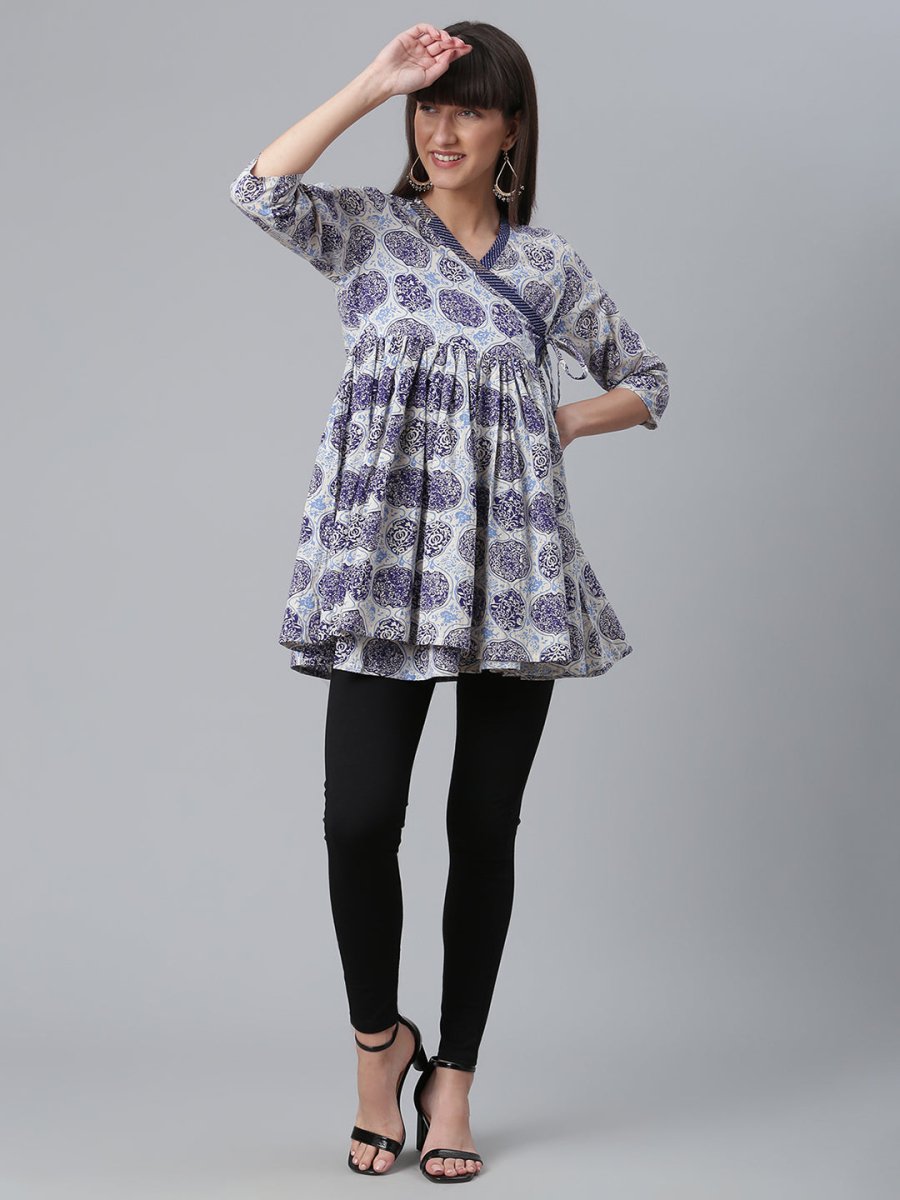 Ahalyaa Women Blue & Off-White Printed Angrakha Beautiful Tunic