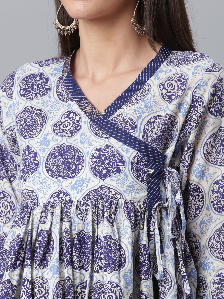 Ahalyaa Women Blue & Off-White Printed Angrakha Beautiful Tunic