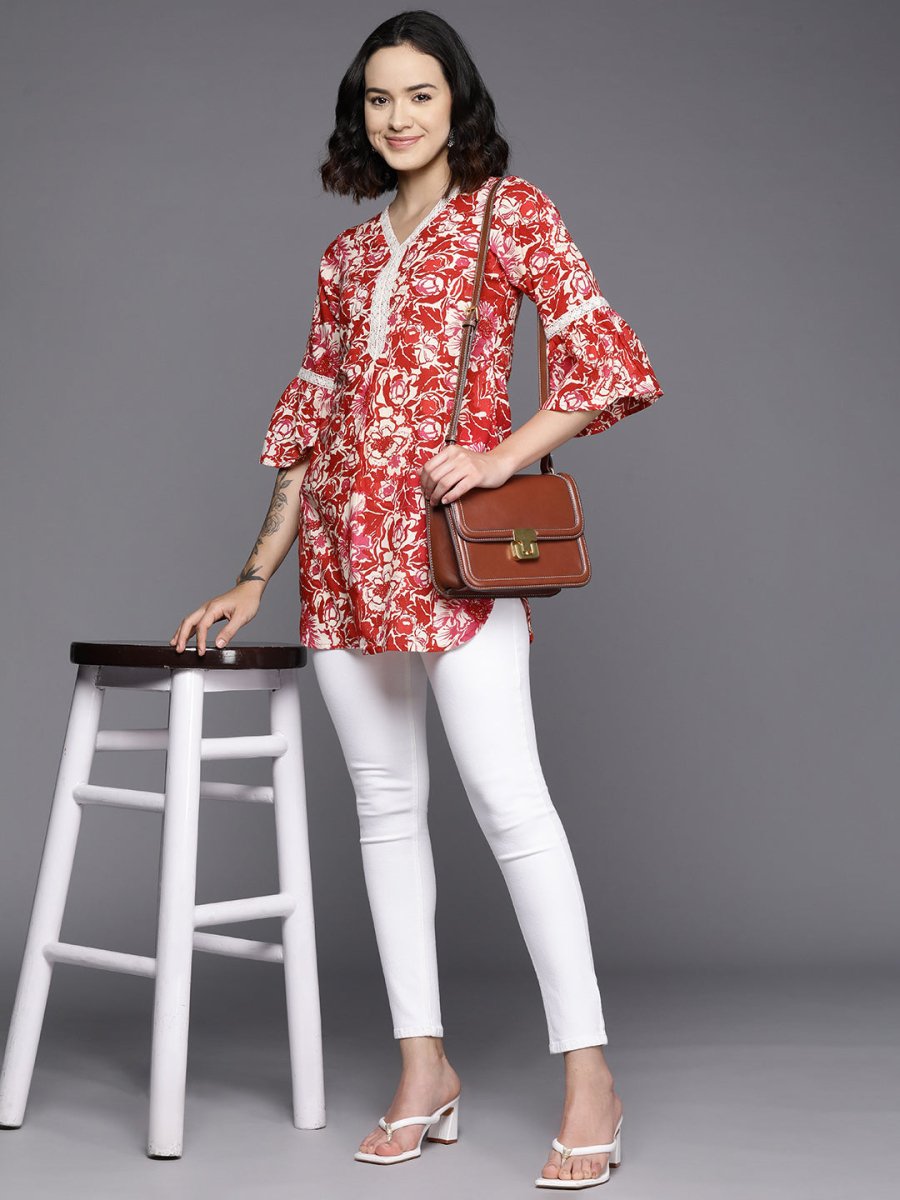 Ahalyaa Floral Printed Bell Sleeves Tunic With Lace Inserts - Distacart