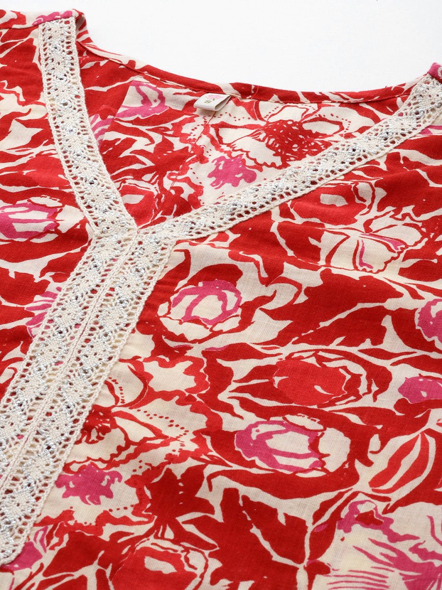 Ahalyaa Floral Printed Bell Sleeves Tunic With Lace Inserts - Distacart