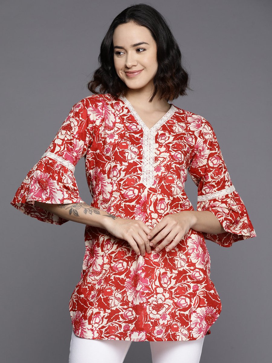 Ahalyaa Floral Printed Bell Sleeves Tunic With Lace Inserts - Distacart