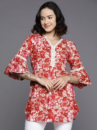 Ahalyaa Floral Printed Bell Sleeves Tunic With Lace Inserts - Distacart