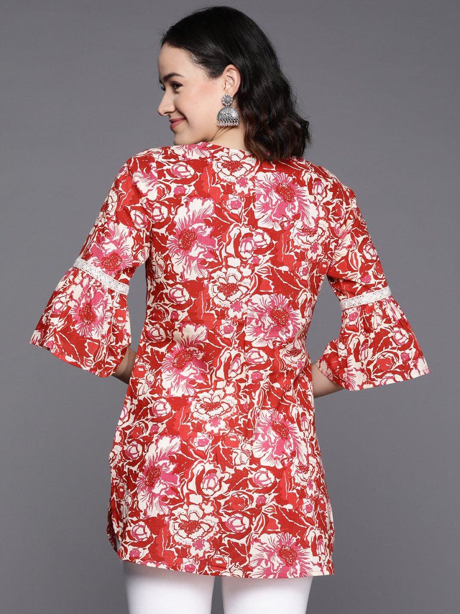 Ahalyaa Floral Printed Bell Sleeves Tunic With Lace Inserts - Distacart