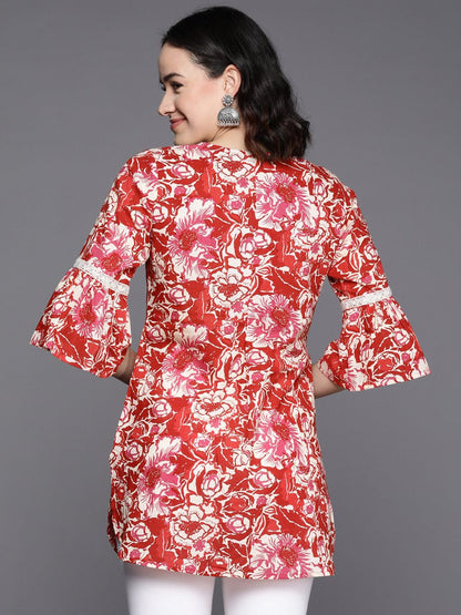 Ahalyaa Floral Printed Bell Sleeves Tunic With Lace Inserts - Distacart