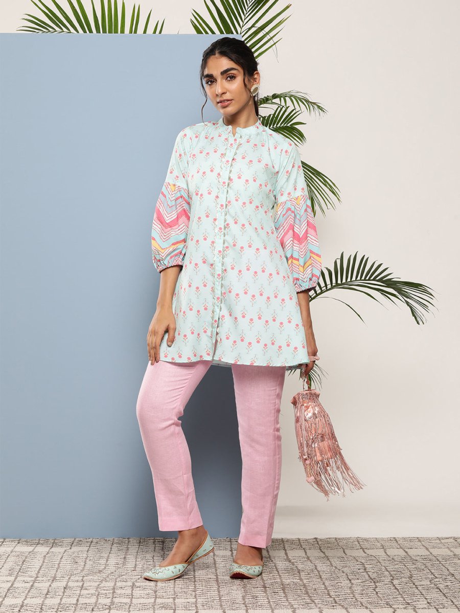 Ahalyaa Sea Green & Pink Mandarin Collar Printed Tunic - Distacart