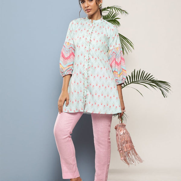 Ahalyaa Sea Green & Pink Mandarin Collar Printed Tunic - Distacart