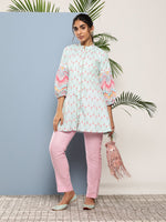 Thumbnail for Ahalyaa Sea Green & Pink Mandarin Collar Printed Tunic - Distacart