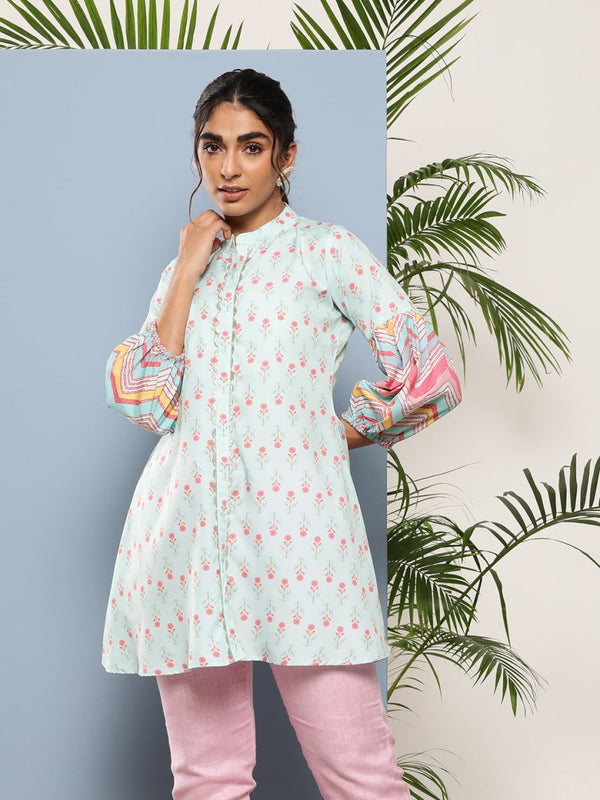 Ahalyaa Sea Green & Pink Mandarin Collar Printed Tunic - Distacart