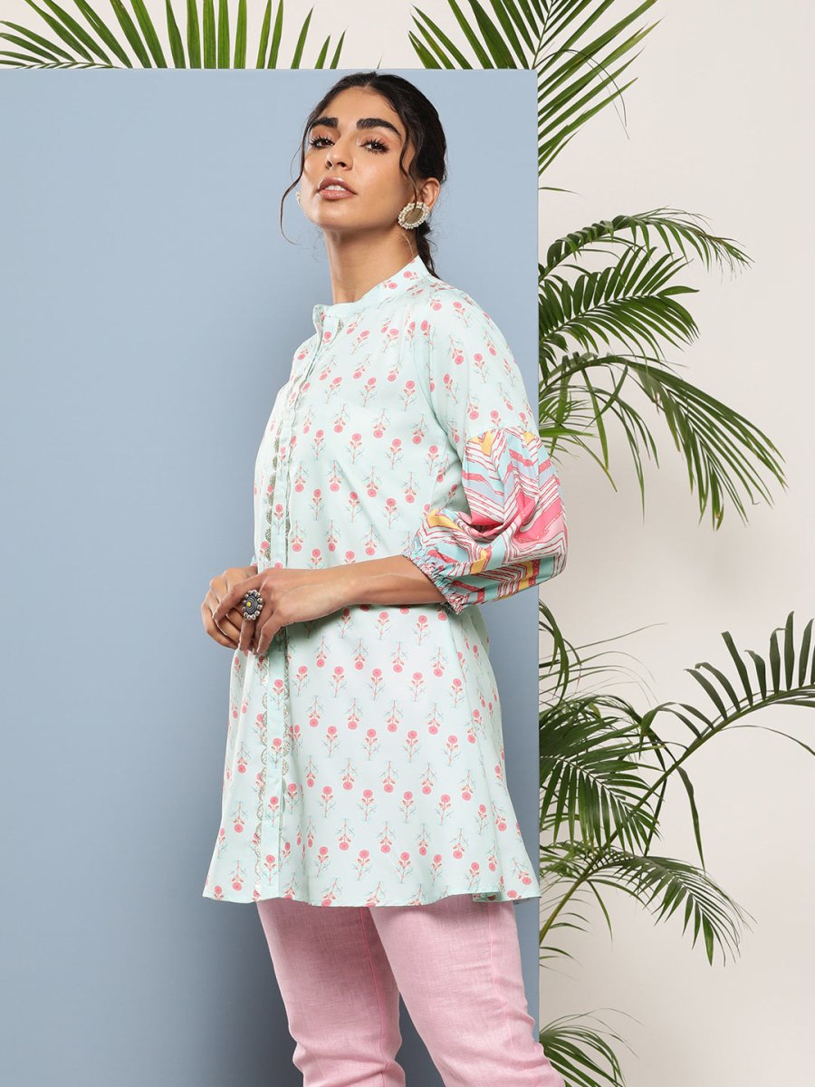 Ahalyaa Sea Green & Pink Mandarin Collar Printed Tunic - Distacart