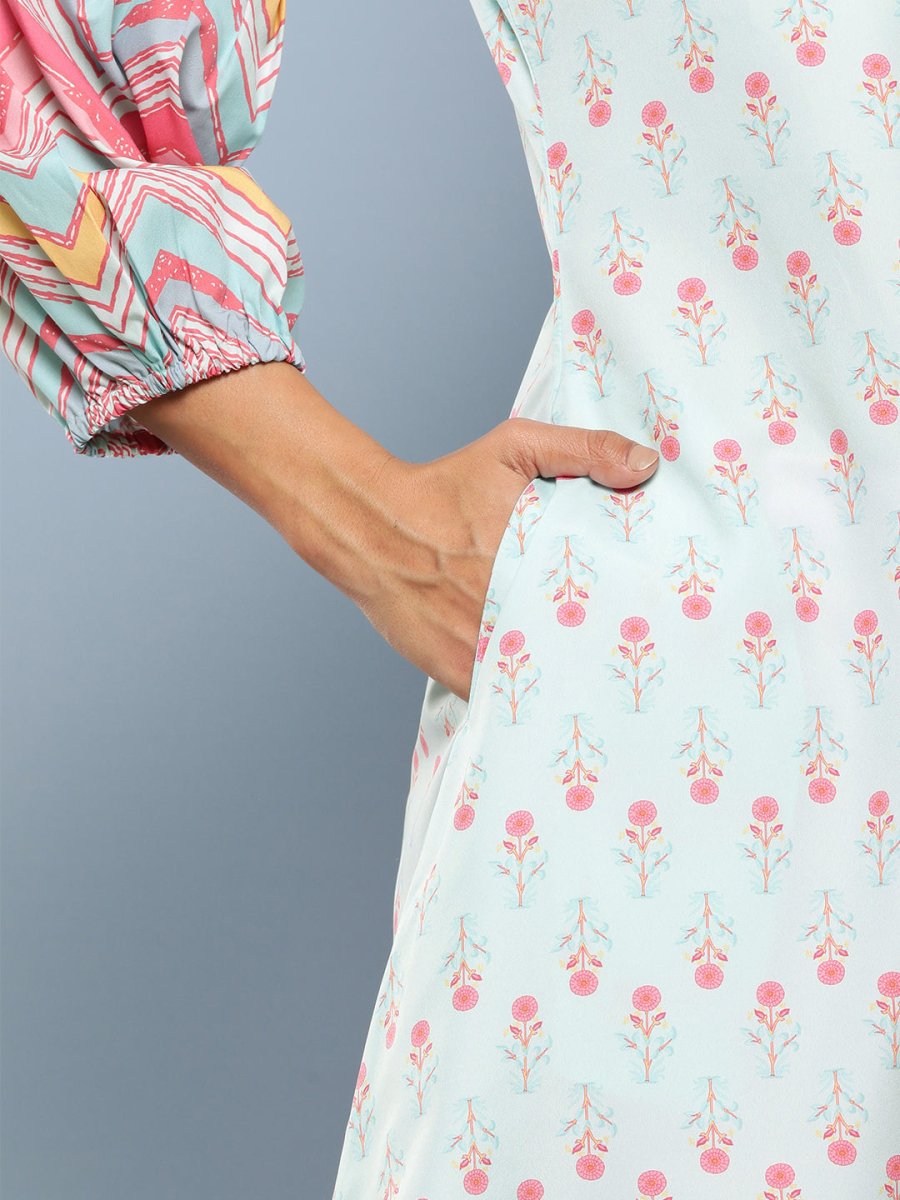 Ahalyaa Sea Green & Pink Mandarin Collar Printed Tunic - Distacart