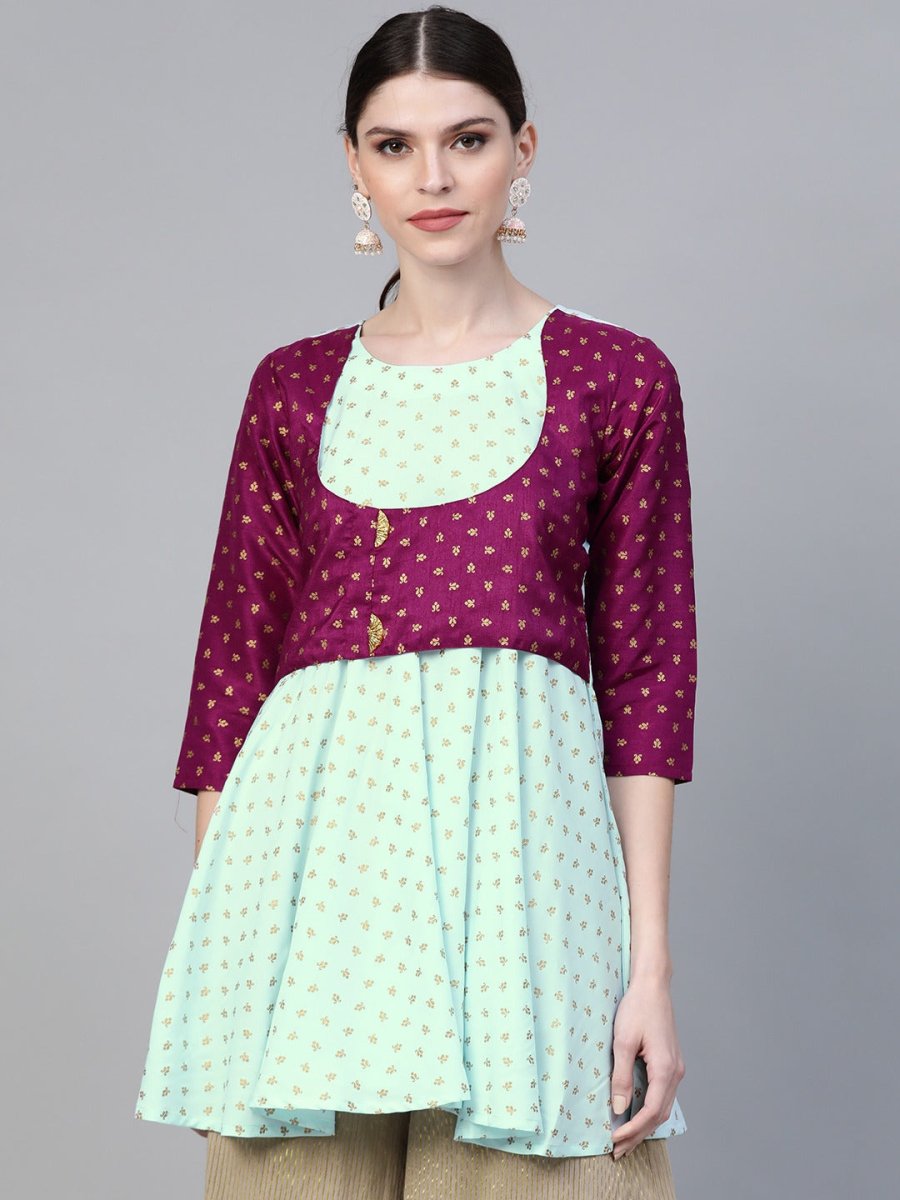 Ahalyaa Women's Blue & Purple Printed A-Line Tunic
