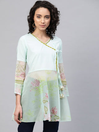 Ahalyaa Ahalya Women Sea Green & Pink Floral Print Semi-Sheer Angrakha Tunic