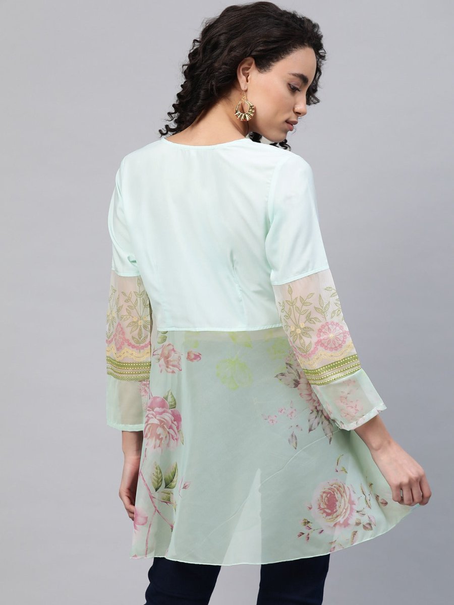 Ahalyaa Ahalya Women Sea Green & Pink Floral Print Semi-Sheer Angrakha Tunic
