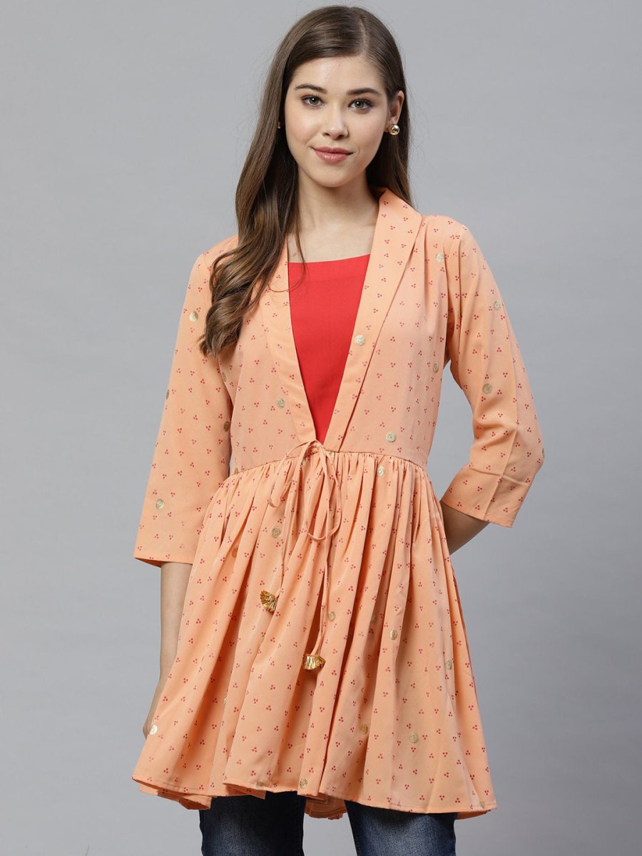 Ahalyaa Women Peach-Coloured & Red Printed Tunic