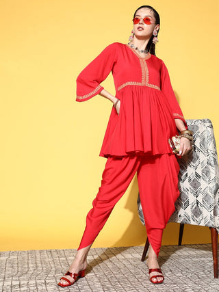 Ahalyaa Women Red Pleated Gotta Patti Kurti with Dhoti Pants - Distacart
