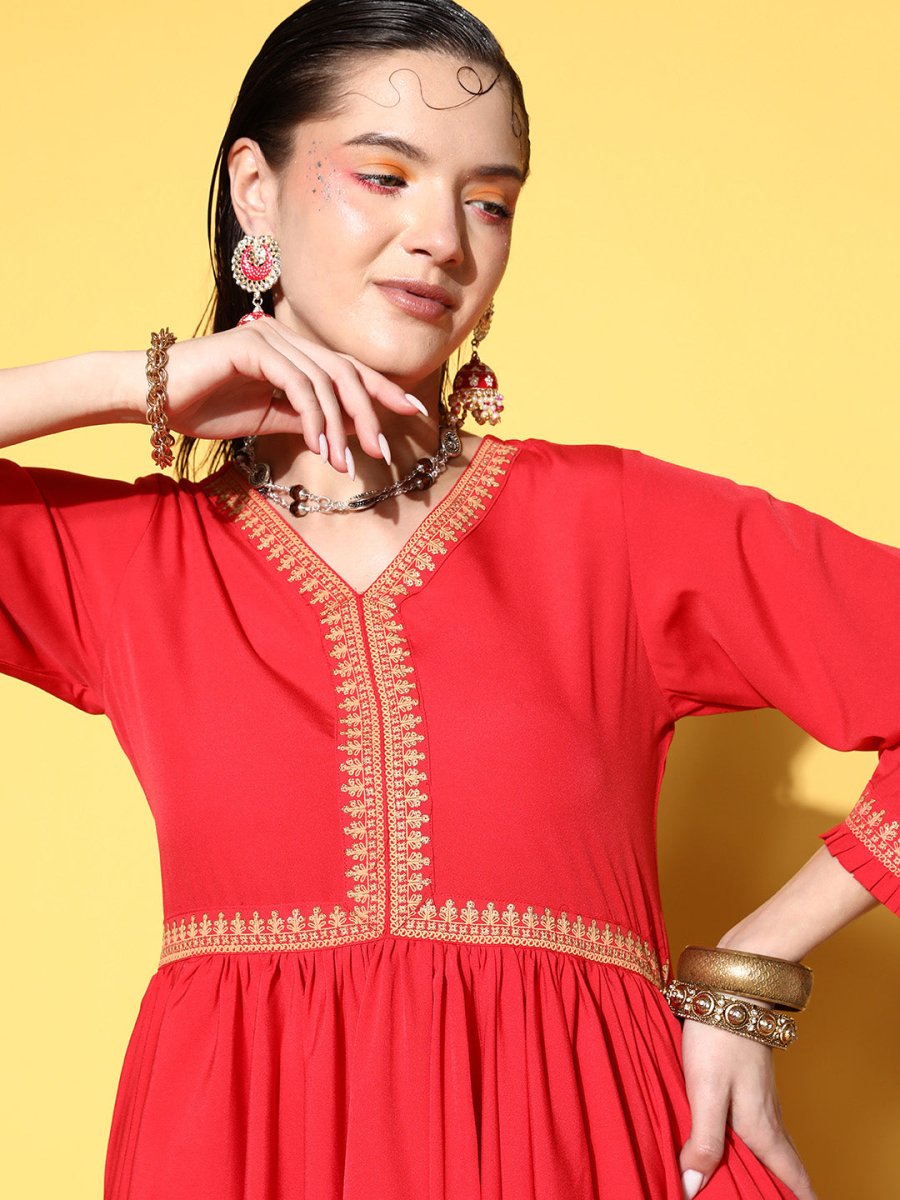 Ahalyaa Women Red Pleated Gotta Patti Kurti with Dhoti Pants - Distacart