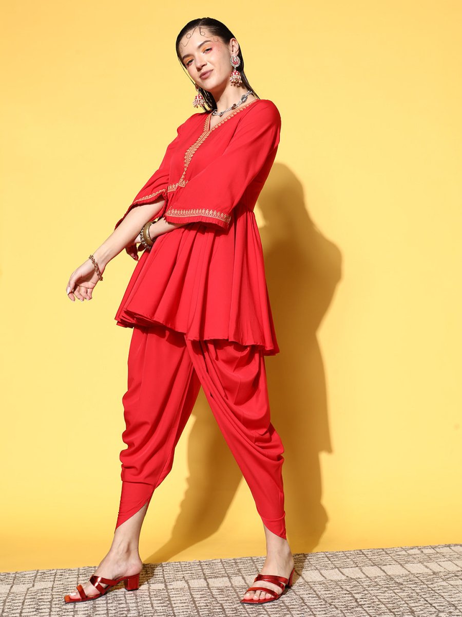 Ahalyaa Women Red Pleated Gotta Patti Kurti with Dhoti Pants - Distacart