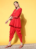 Thumbnail for Ahalyaa Women Red Pleated Gotta Patti Kurti with Dhoti Pants - Distacart