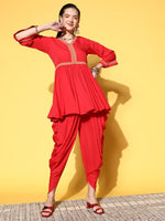 Thumbnail for Ahalyaa Women Red Pleated Gotta Patti Kurti with Dhoti Pants - Distacart
